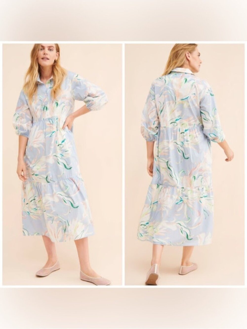Maeve x Anthropologie 2X Bettina Tiered Shirt Dress Floral Blue Multi